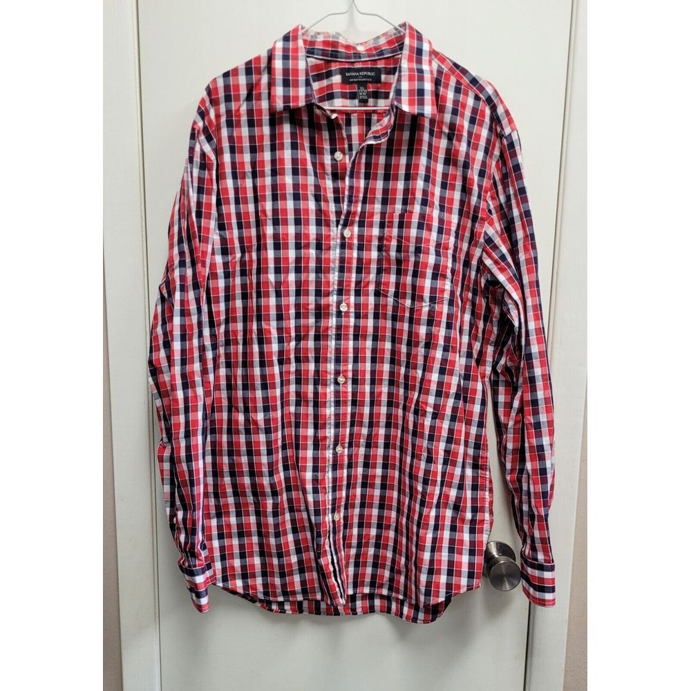Banana Republic Button Front Shirt Top Men's XL Extra Large Black Red Plaid‎ - Picture 2 of 10